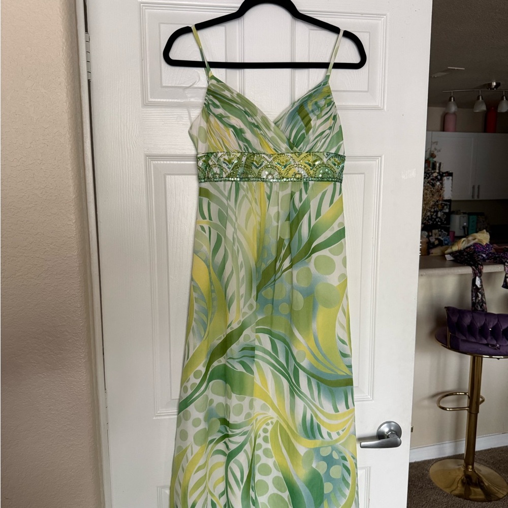 6 / adrianna papell Green Multi-Pattern Spaghetti Strap Maxi Dress